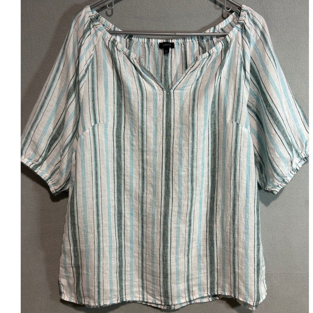 Talbots Linen Blouse Women Medium White Blue Striped Top Classic Summer Coastal